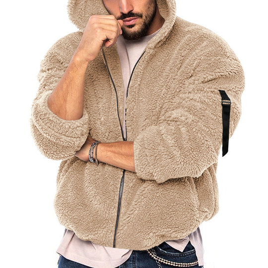 Herren kuschelige Teddyjacke mit seitlichen Reißverschlusstaschen und Kapuze Heidi-Mode