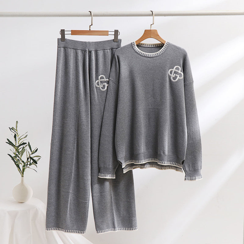 Damen lässiges Strick-Loungewear-Set mit dekorativen Kontrastdetails Heidi-Mode