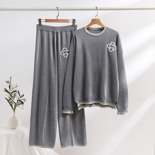 Damen lässiges Strick-Loungewear-Set mit dekorativen Kontrastdetails Heidi-Mode