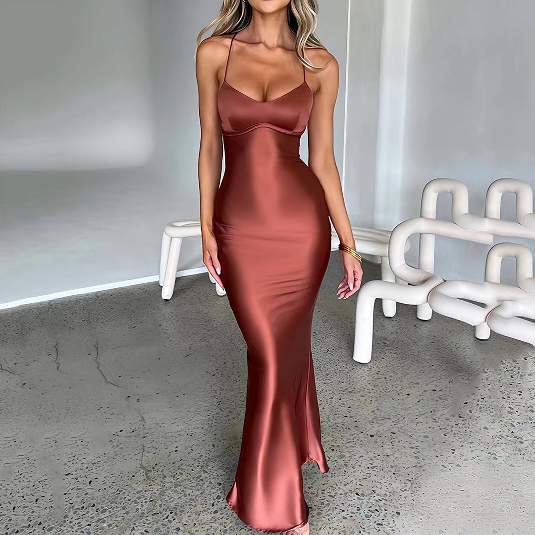Damen Glamouröses Langarm-Maxi-Kleid mit verstellbaren Trägern und figurbetontem Schnitt Heidi-Mode