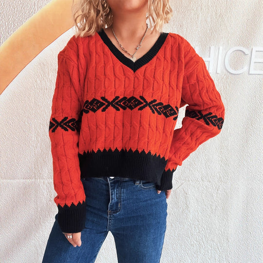 Damen lässiger Strickpullover mit modernem Zopfmuster und kontrastierenden Akzenten Heidi-Mode