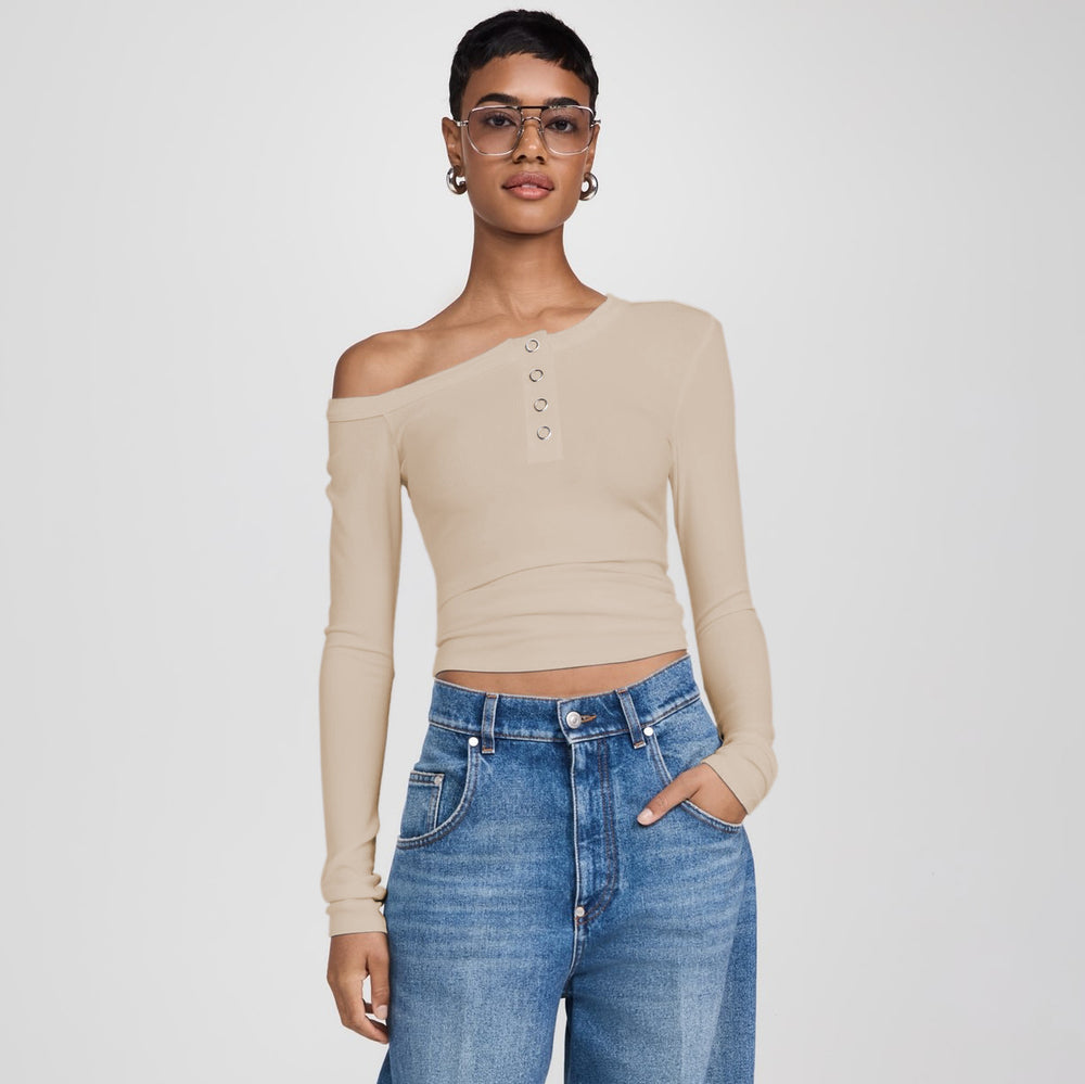 Damen asymmetrisches Langarmshirt mit Knopfleiste und figurbetontem Schnitt Heidi-Mode