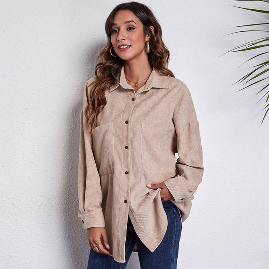 Damen Cord-Hemdbluse mit knöpfbarem Verschluss und leichtem Oversized-Schnitt Heidi-Mode