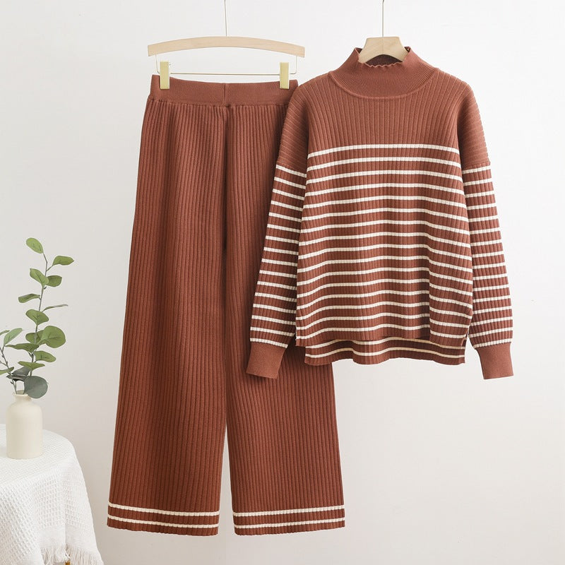 Damen gemütliches Strick-Loungewear-Set mit quer gestreiften Details Heidi-Mode