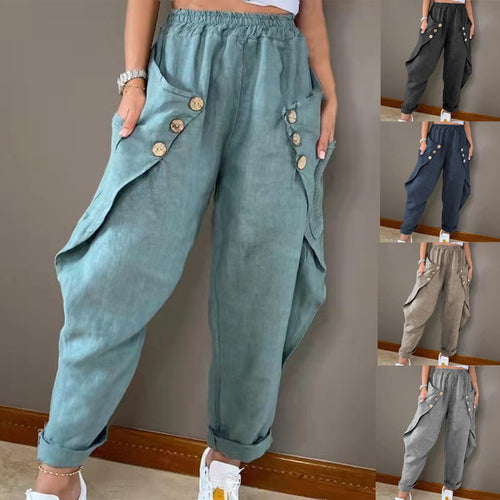 Damen lässige Sommerhose mit Knopfdetails und praktischen Seitentaschen Heidi-Mode