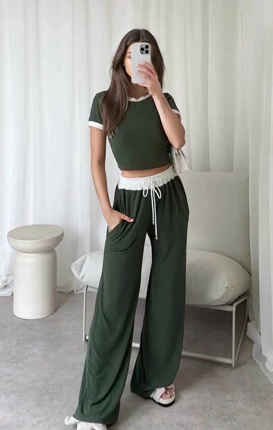 Damen lässiges Cropped Lounge-Set mit weicher Rippstruktur und bequemen Hosen Heidi-Mode