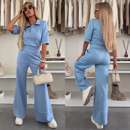 Damen Elegantes Freizeit-Loungewear-Set mit modischem Polo-Oberteil und weit geschnittenen Hosen Heidi-Mode