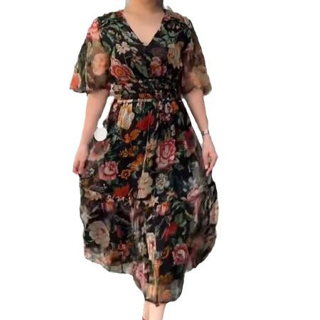 Damen Floral Maxi Kleid mit Rüschensleeves und hohem Schlitz Heidi-Mode