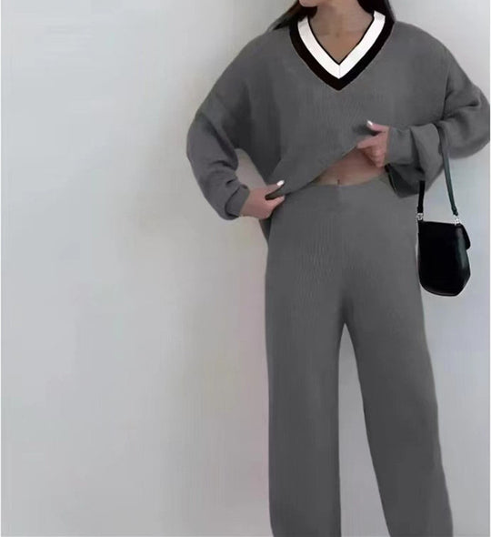 Damen gemütlicher V-Ausschnitt Pullover mit gestreiftem Kragen Heidi-Mode