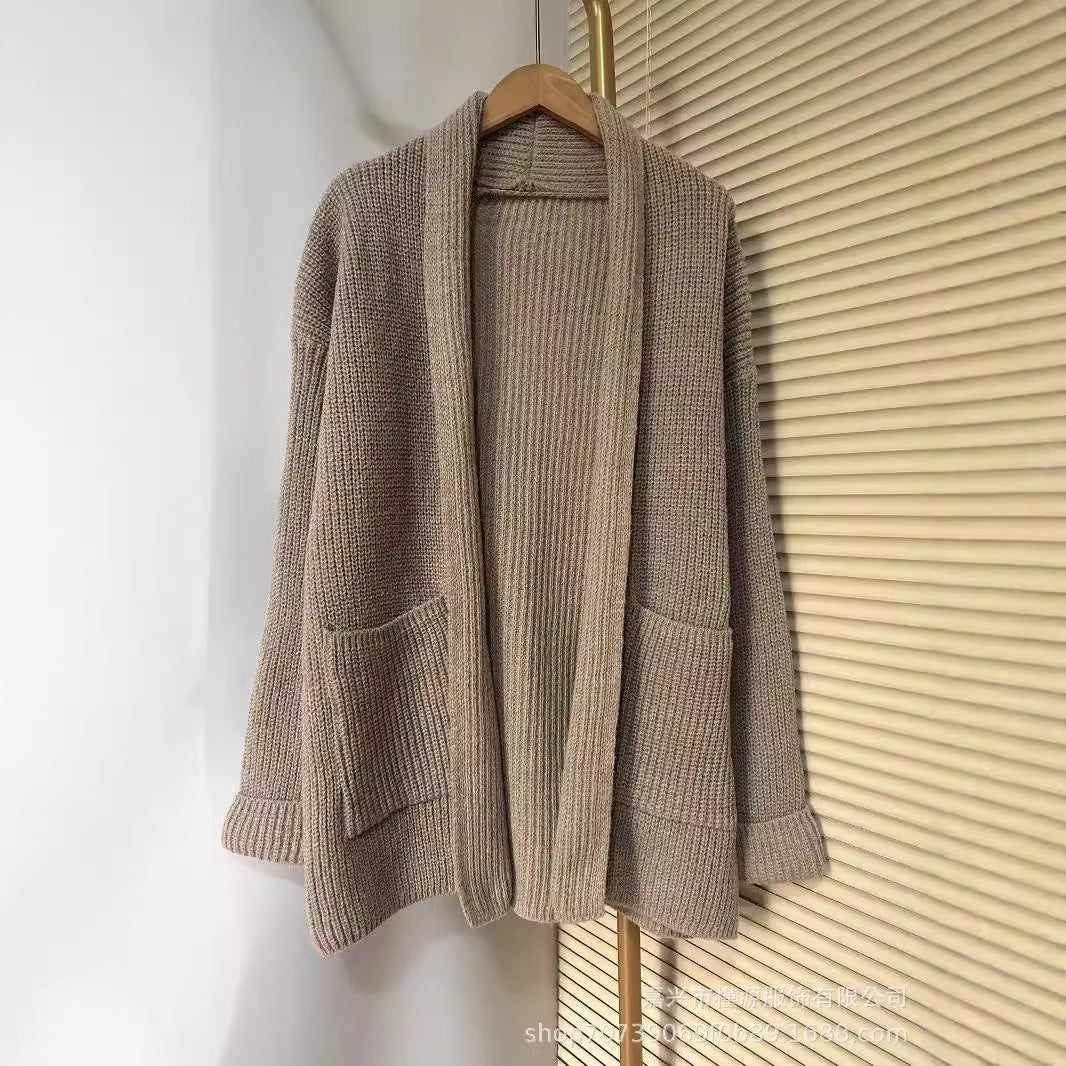 Damen Grobstrick Cardigan mit eleganten Revers und Taillengürtel Heidi-Mode