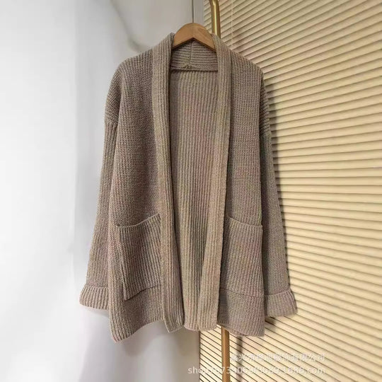 Damen Grobstrick Cardigan mit eleganten Revers und Taillengürtel Heidi-Mode