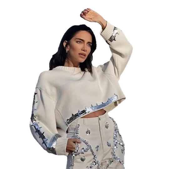 Damen modischer cropped Pullover mit Pailletten Heidi-Mode