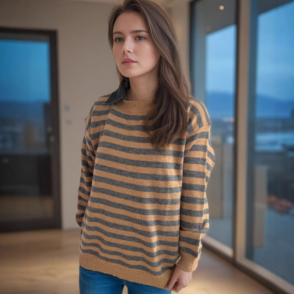 Damen lässiger Pullover mit strukturellem Streifenmuster und modischem Kragen Heidi-Mode