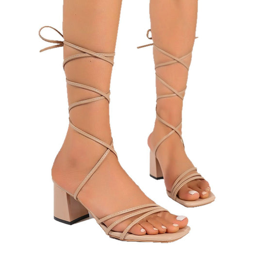 Damen Blockabsatz-Sandalen mit modischen Riemen und eleganter Schnürung Heidi-Mode