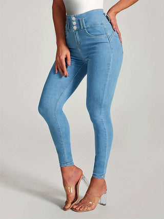 Damen Hochtaillierte Skinny Jeans mit modischem Knopfverschluss und dehnbarer Passform Heidi-Mode