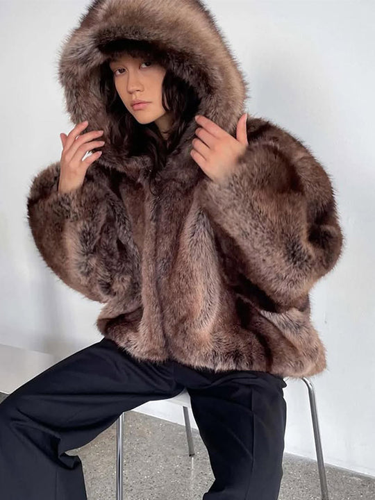 Damen Kuschelige Kunstpelzjacke mit Kapuze Heidi-Mode