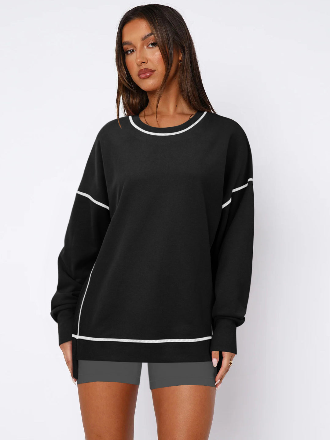 Damen Oversize Sweatshirt mit feiner Kontrastnaht Heidi-Mode