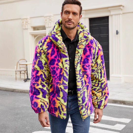 Herren Plüschjacke mit auffälligem Tierprint und Kapuze Heidi-Mode