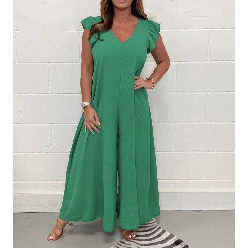 Damen luftiger Jumpsuit mit weit geschnittenem Bein und V-Ausschnitt Heidi-Mode