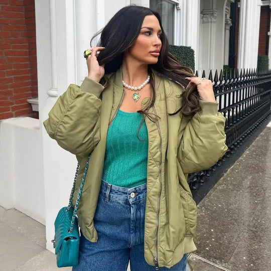 Damen oversized Bomberjacke mit technischen Details und praktischen Taschen Heidi-Mode