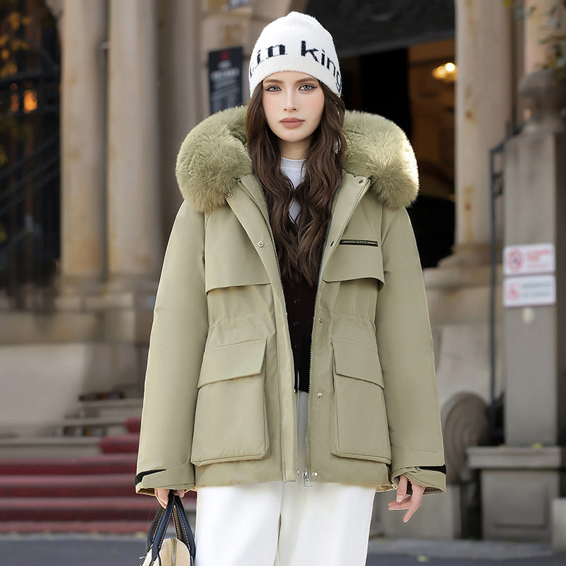 Damen Elegante und warme Winterjacke mit abnehmbarem Kunstfellkragen und praktischen Taschen Heidi-Mode