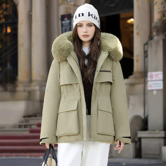 Damen Elegante und warme Winterjacke mit abnehmbarem Kunstfellkragen und praktischen Taschen Heidi-Mode