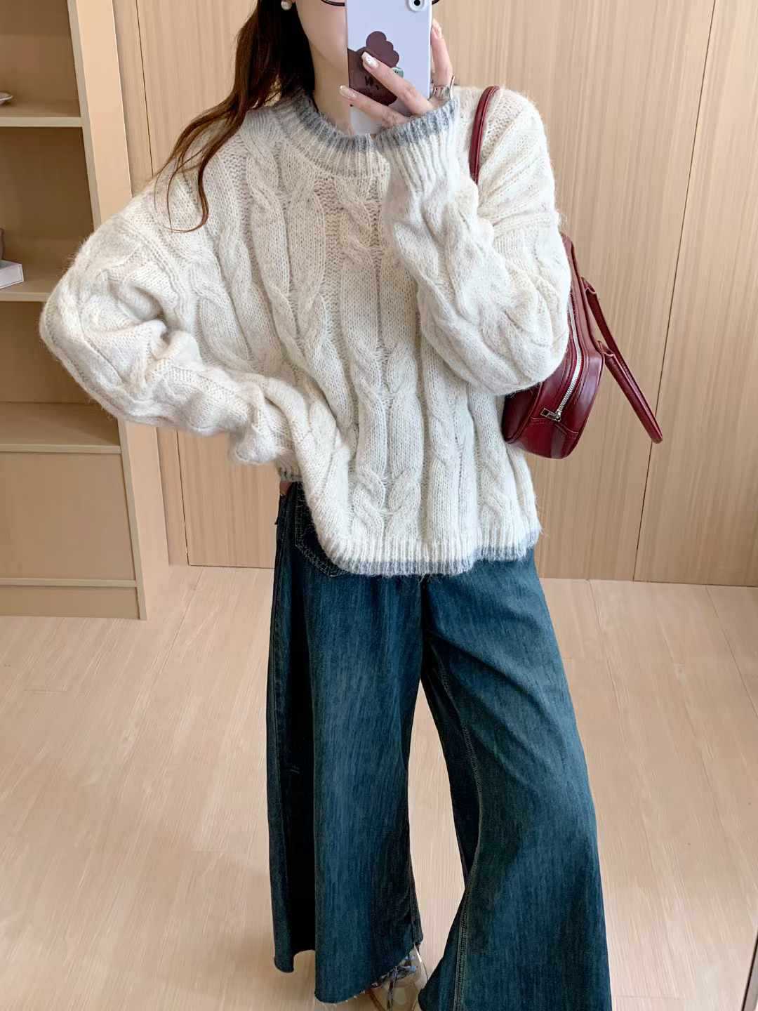 Damen Grob gestrickter Pullover mit Zopfmuster und Rundhalsausschnitt Heidi-Mode