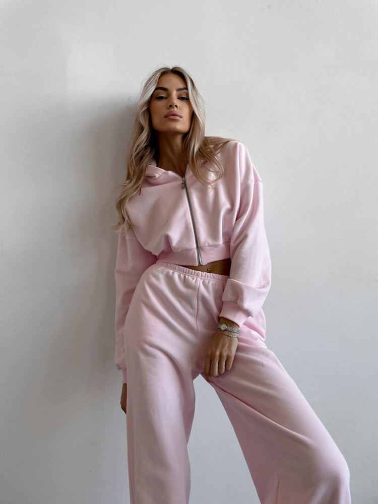Damen lässiges Freizeit-Set mit cropped Hoodie und weiten Hosen Heidi-Mode