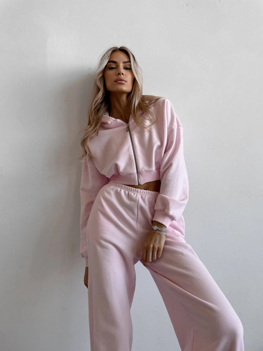 Damen lässiges Freizeit-Set mit cropped Hoodie und weiten Hosen Heidi-Mode