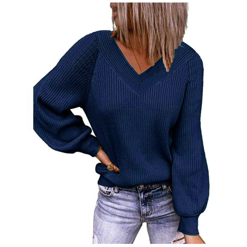 Damen Strickpullover mit V-Ausschnitt und voluminösen Ärmeln Heidi-Mode