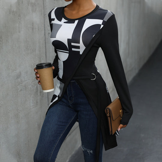 Damen Langarmshirt mit grafischem Muster und asymmetrischem Saum Heidi-Mode