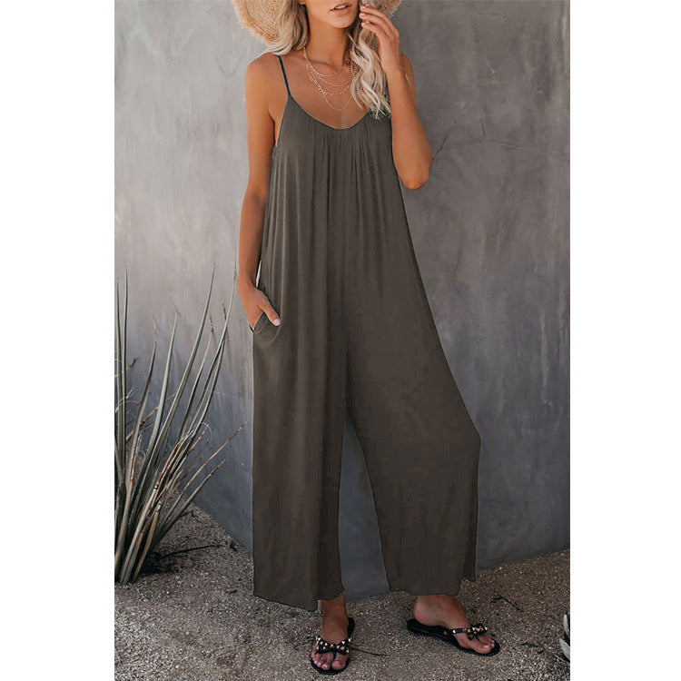Damen Lässiger Sommer-Jumpsuit mit tiefem Ausschnitt und praktischen Taschen Heidi-Mode