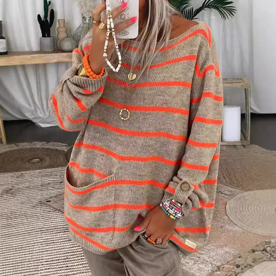 Damen lässiger Strickpullover mit elegantem Streifenmuster und praktischer Brusttasche Heidi-Mode