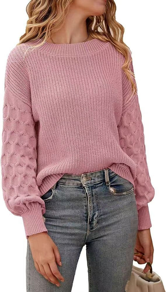 Damen modischer Strickpullover mit strukturierten Ärmeln und Rundhalsausschnitt Heidi-Mode
