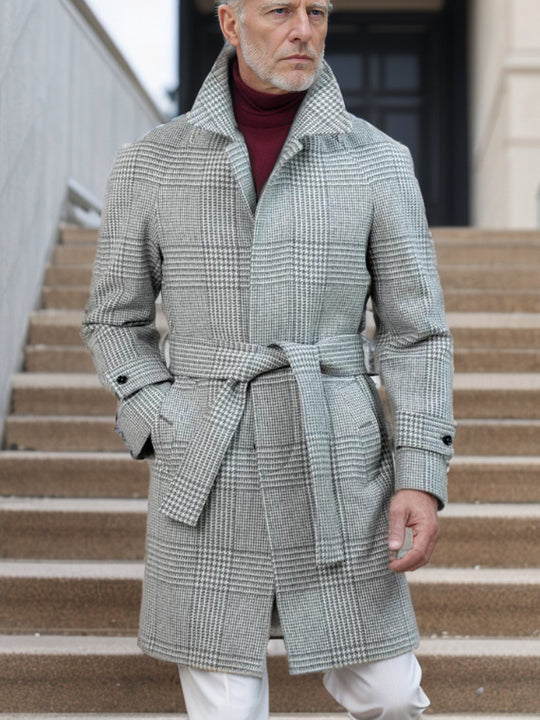 Herren eleganter Trenchcoat mit modernem Karomuster und Taillengürtel Heidi-Mode