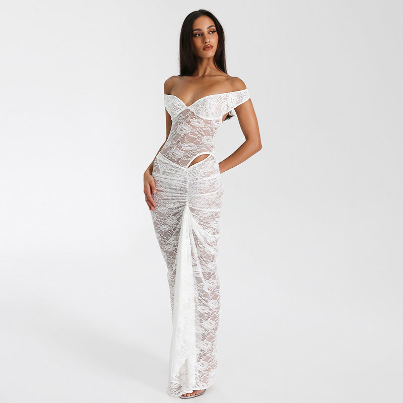 Damen Elegantes Spitzen-Maxi-Kleid mit schulterfreiem Design und Rüschendetails Heidi-Mode