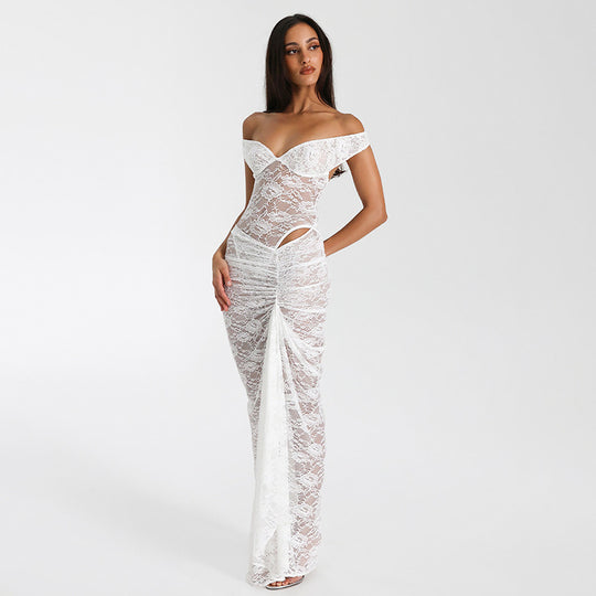 Damen Elegantes Spitzen-Maxi-Kleid mit schulterfreiem Design und Rüschendetails Heidi-Mode