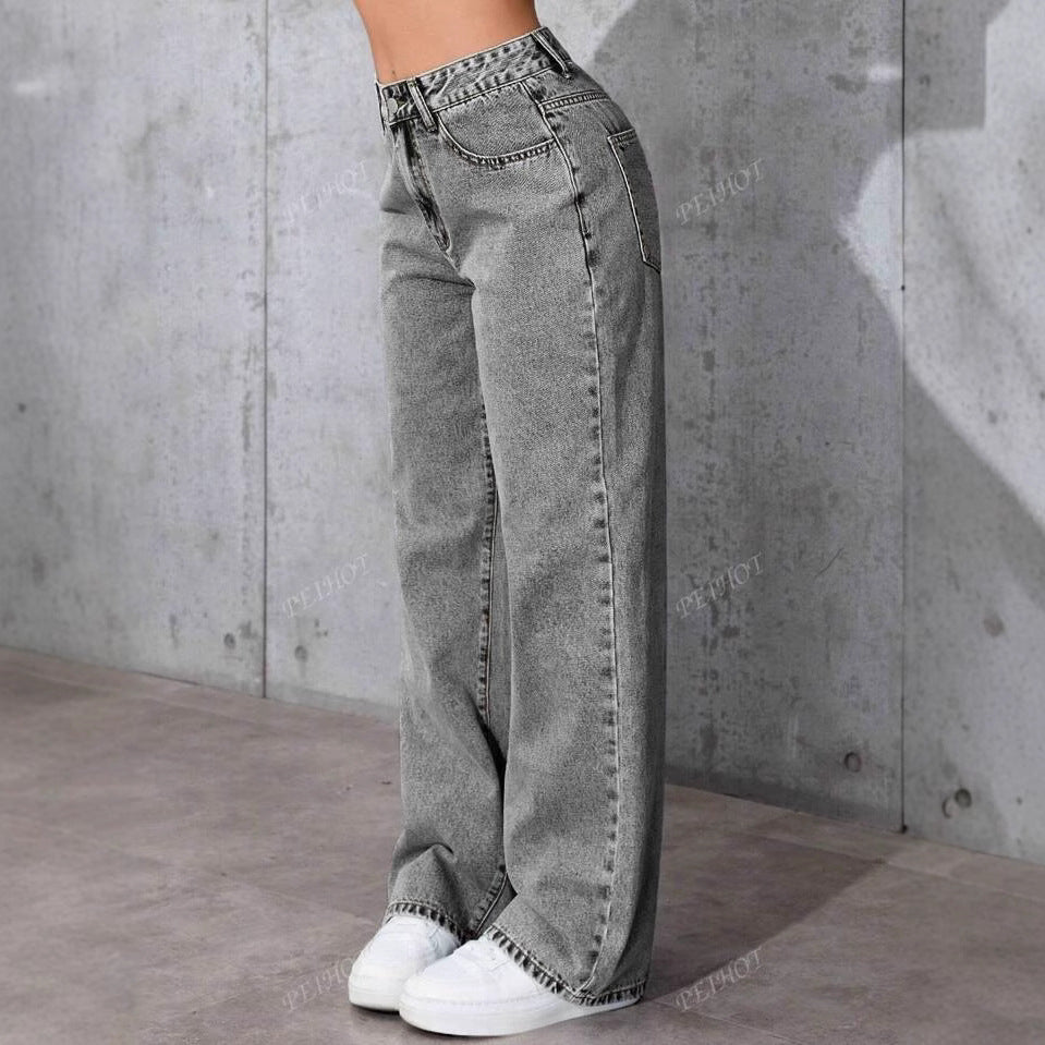 Damen Weit geschnittene Jeans mit kräftigen Kontrastnähten und verspielt gestickten Taschen Heidi-Mode