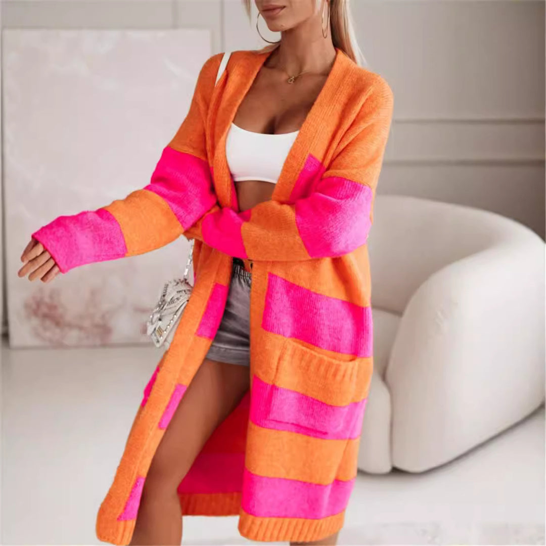 Damen lässiger Strickmantel mit großen Streifen Heidi-Mode