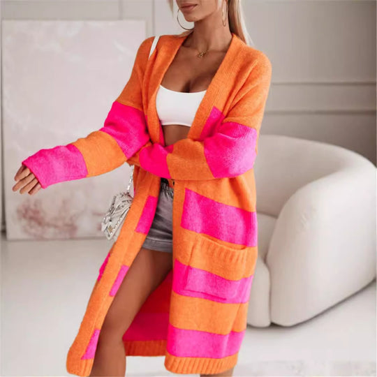 Damen lässiger Strickmantel mit großen Streifen Heidi-Mode