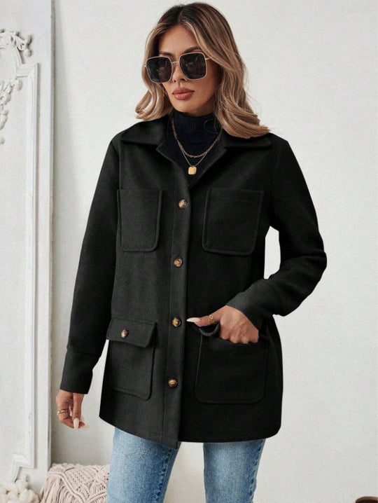 Damen Modische Utility-Jacke mit großen Taschen und goldenem Druck Heidi-Mode