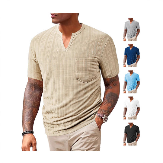 Herren Kurzarm T-Shirt mit V-Ausschnitt und Brusttasche Heidi-Mode