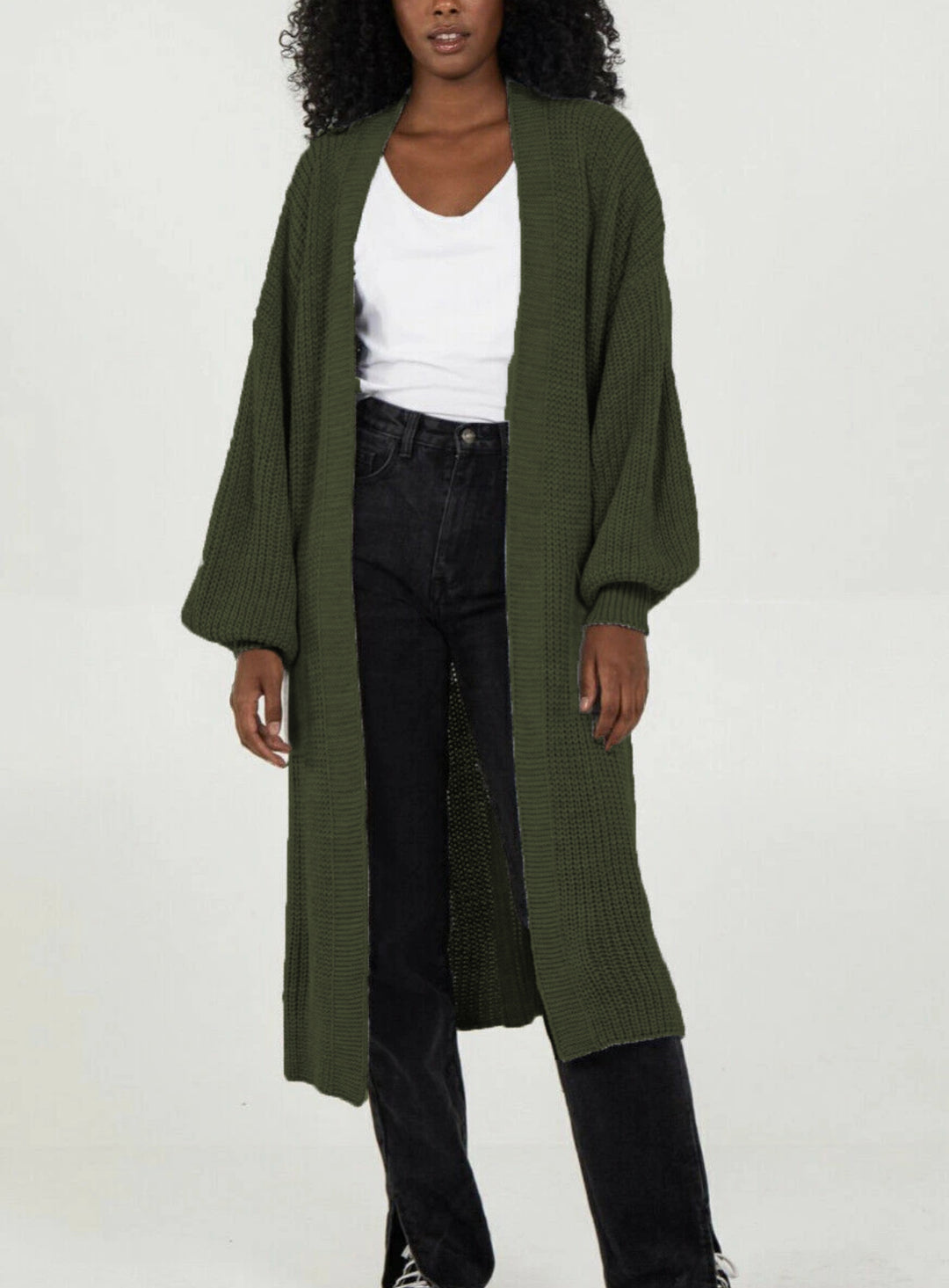 Damen Langer Strickcardigan mit voluminösen Ärmeln und offenem Schnitt Heidi-Mode