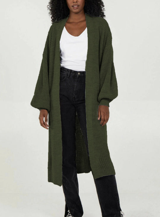 Damen Langer Strickcardigan mit voluminösen Ärmeln und offenem Schnitt Heidi-Mode