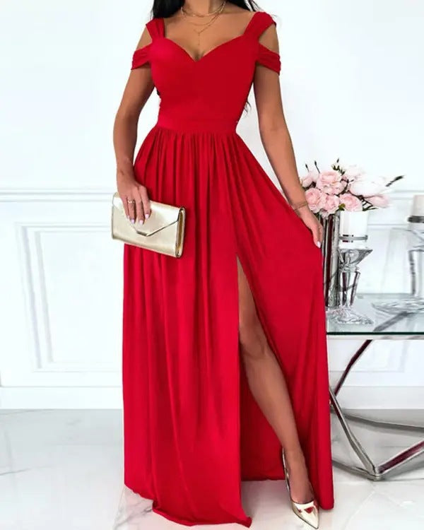 Damen Maxikleid mit charmantem Ausschnitt und asymmetrischem Schlitz Heidi-Mode