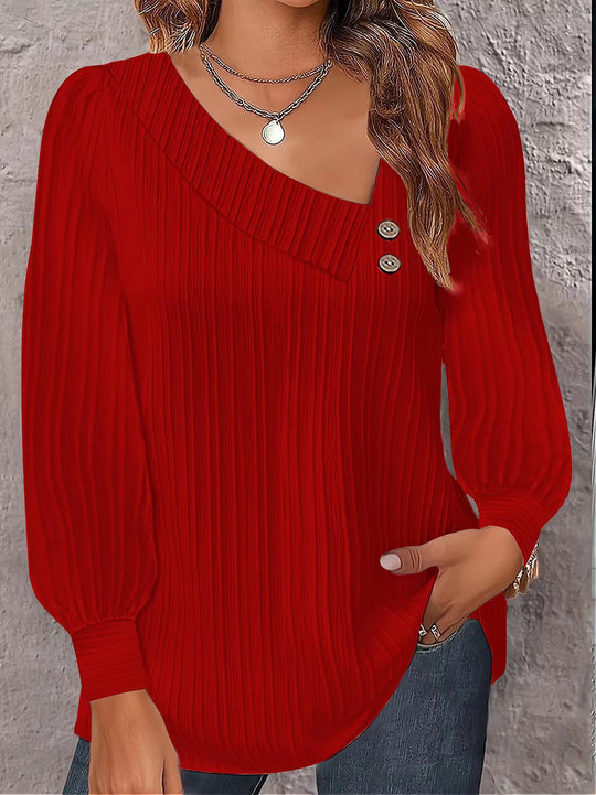 Damen Plissiertes Oberteil mit asymmetrischem Kragen und eleganten Knopfdetails Heidi-Mode