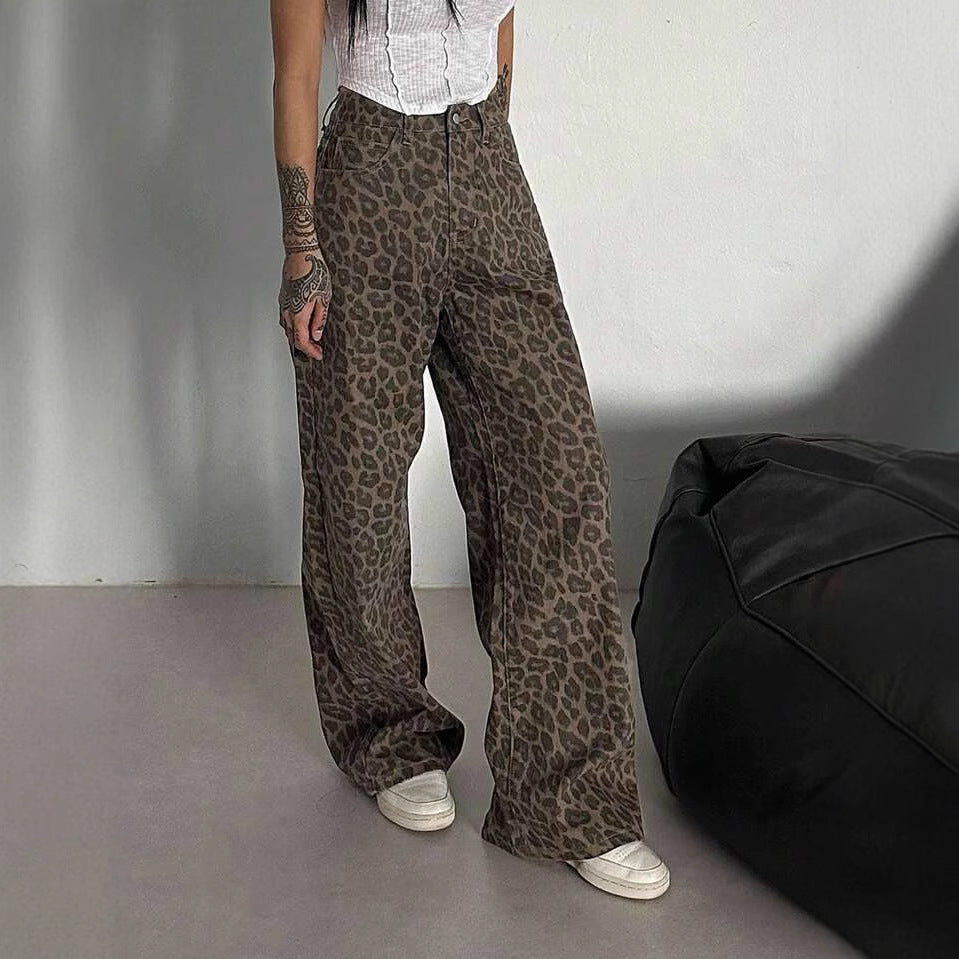 Damen Weit geschnittene Leoparden-Jeans im lässigen Stil Heidi-Mode