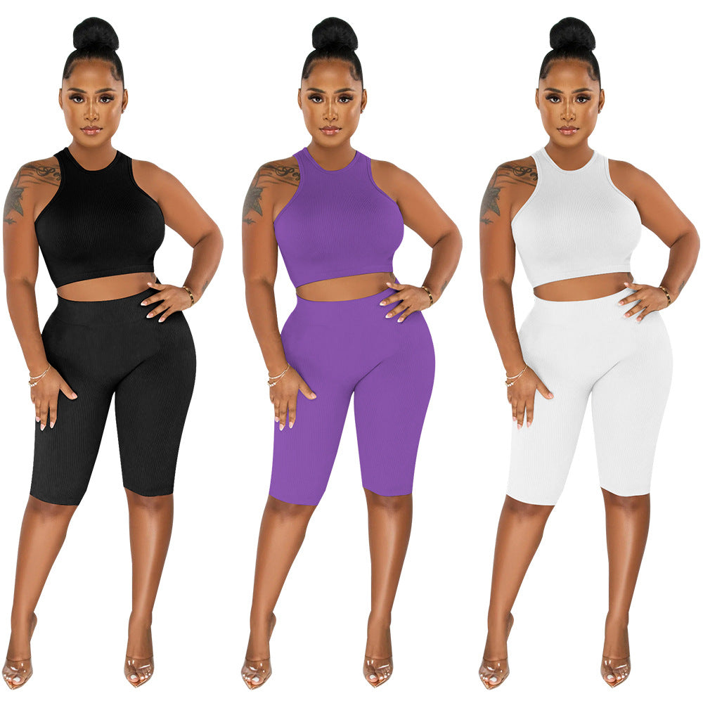 Damen Zweiteiliges Sport-Set mit hochgeschlossenem Top und figurbetonten Radlerhosen Heidi-Mode