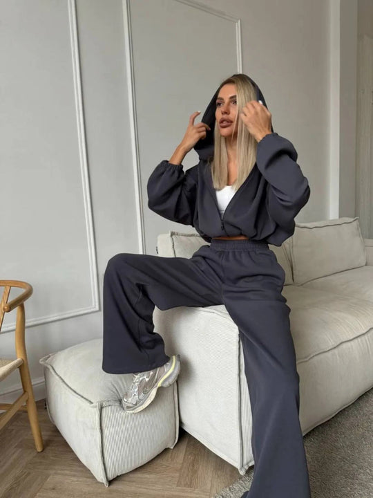 Damen lässiges Lounge-Set mit Hoodie und weiten Hosen Heidi-Mode