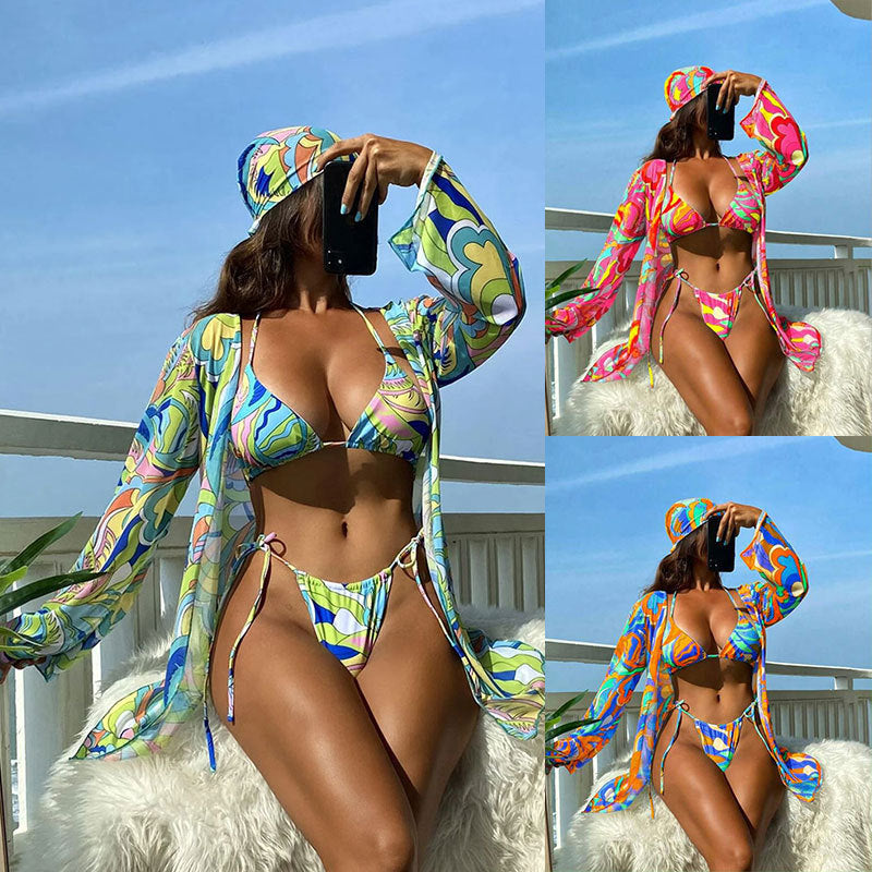 Damen Bikiniset mit leichtem, transparentem Kimono und verspieltem Muster Heidi-Mode